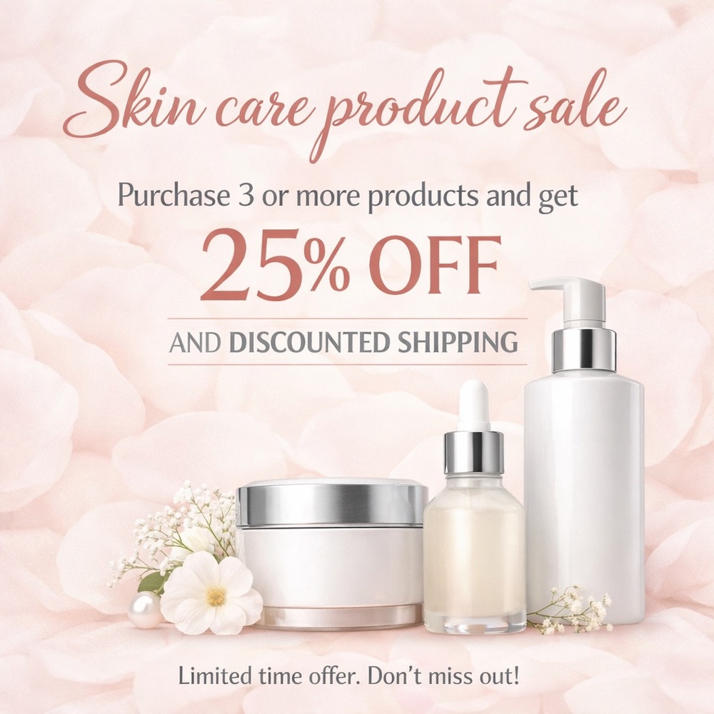 Buy any 3 makeup or skincare products to receive 25% off and discounted shipping